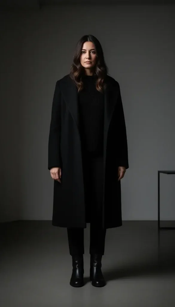 All black layered winter outfit with rich textures for date night