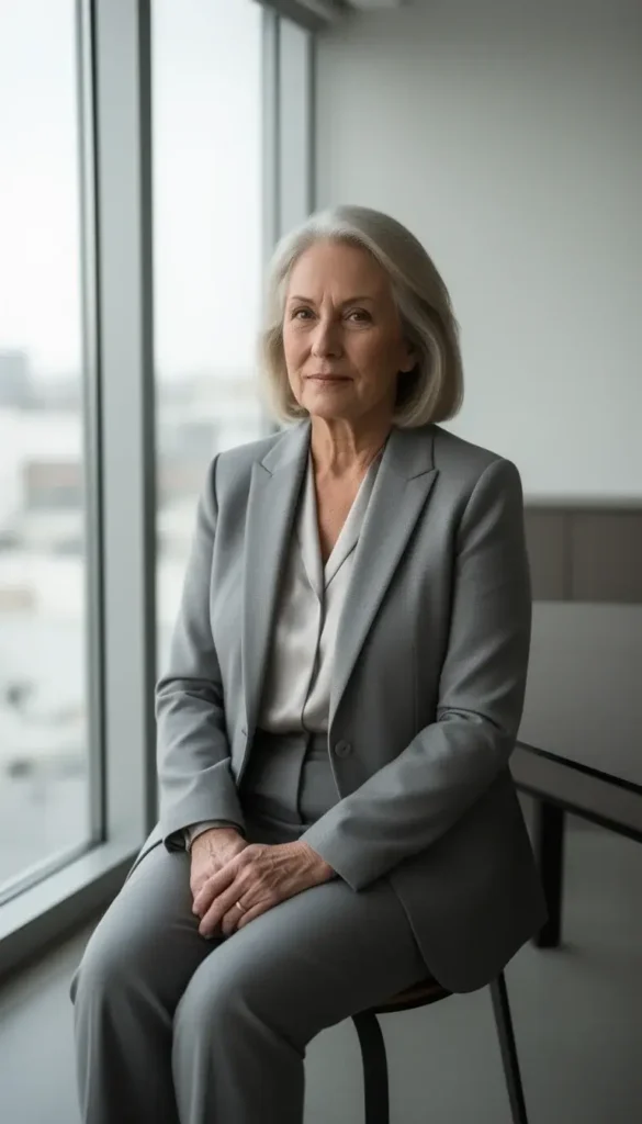 Woman in gray suit seated by window