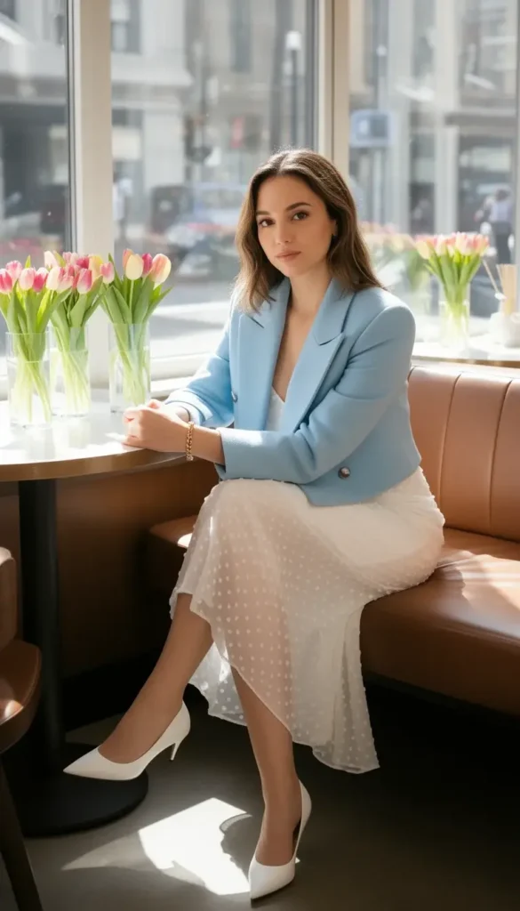 Woman in a baby blue cropped double-breasted jacket and white polka-dot slip dress at a window booth