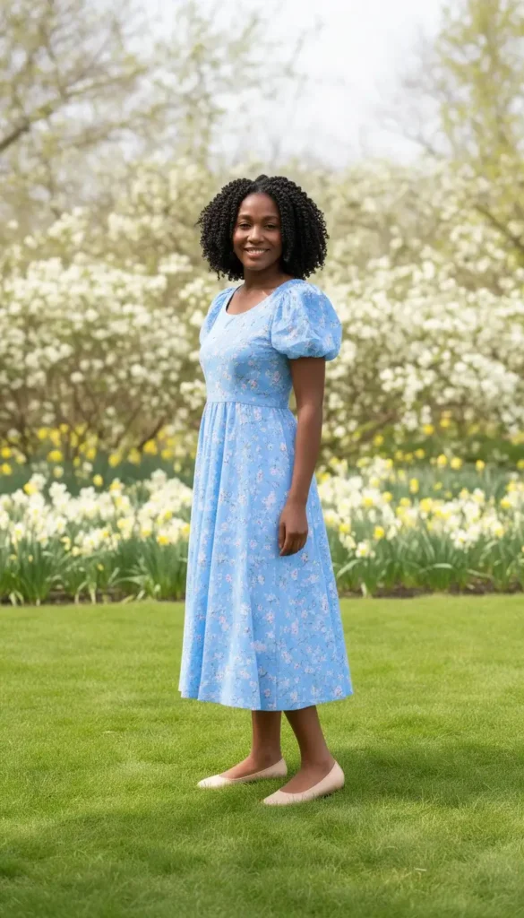 Woman in a baby blue floral print midi dress with puff sleeves standing on a garden lawn in spring sunlight
