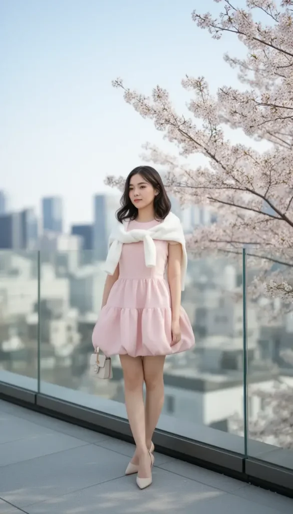 Young woman in pale pink bubble hem dress with neutral slingback heels by cherry blossoms on a city terrace