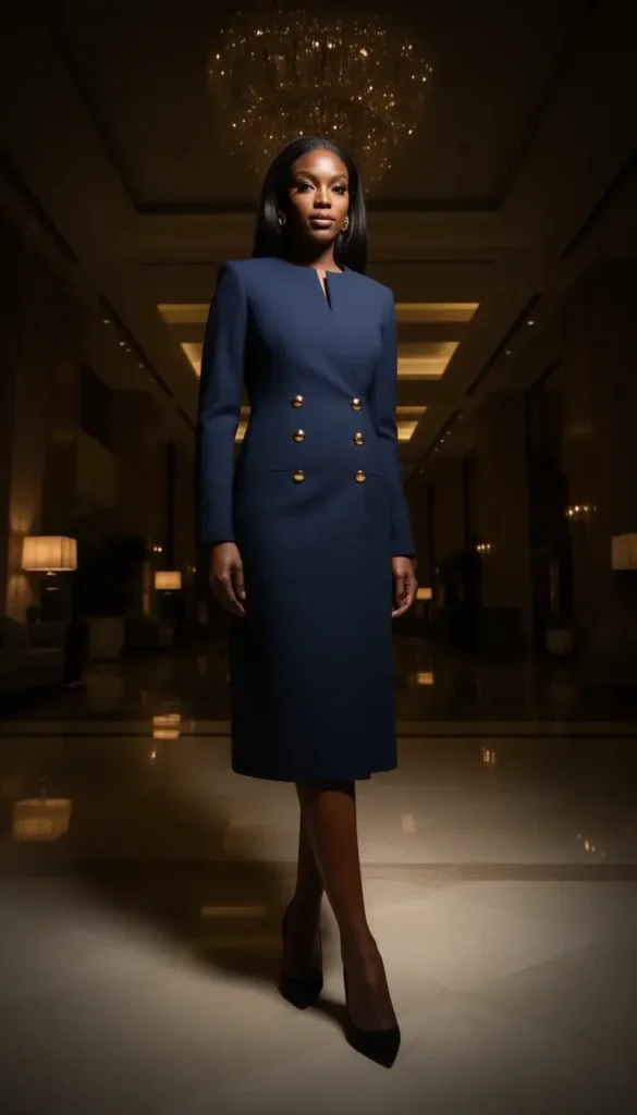 Woman in structured navy dress standing in lobby
