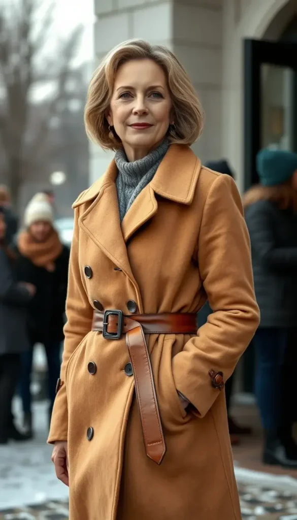 Leather belt styled over a winter coat