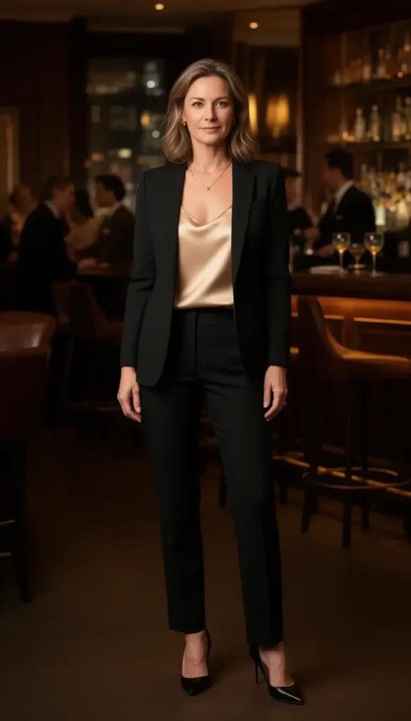 Woman over 30 wearing a black blazer and silk camisole for a polished night out look