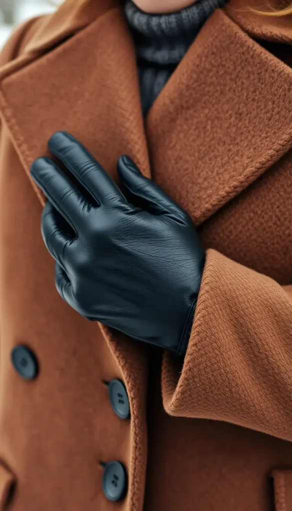 Black leather gloves paired with a tailored winter coat