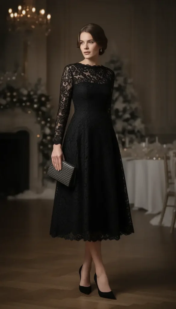 Classic black midi dress styled for a semi formal winter wedding
