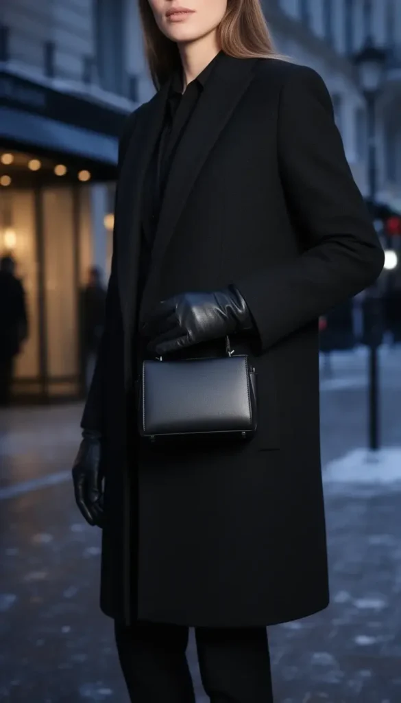 Black structured mini top handle bag paired with a tailored winter coat at an evening event