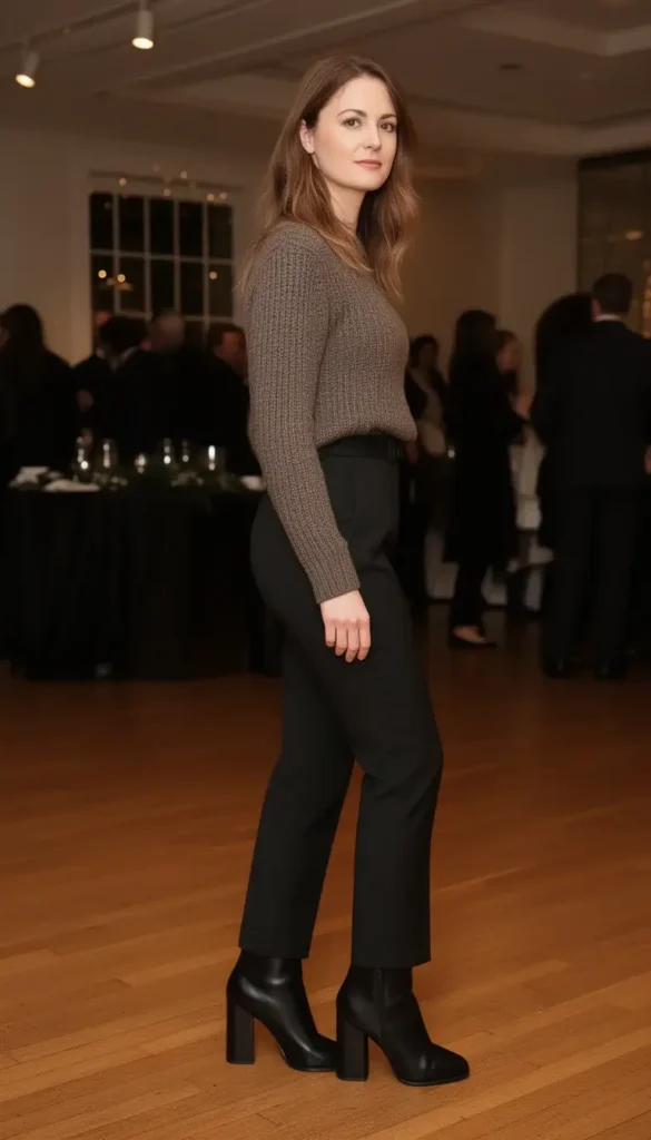 Leather block heel ankle boots styled with trousers for a winter event.