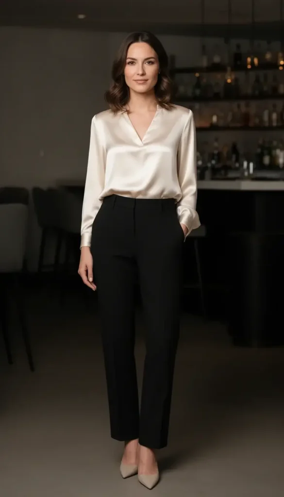 Silk blouse and tailored trousers outfit for a polished Valentine’s Day date