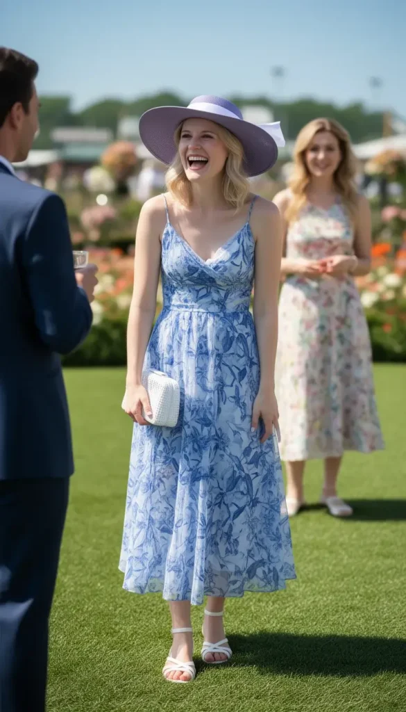 Fair-skinned woman in a blue floral chiffon midi dress and periwinkle hat laughing with a friend at the Derby