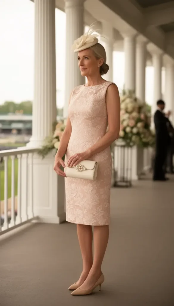 Elegant older woman in a blush floral jacquard shift dress and ivory fascinator at a Derby VIP area