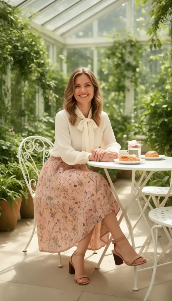 Woman in a blush floral midi skirt and ivory scarf-neck blouse at a sunlit conservatory brunch