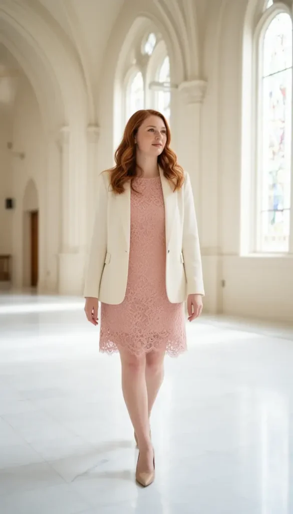 Woman in a blush pink lace-trimmed shift dress layered with a cream funnel-neck blazer walking through a sunlit church foyer