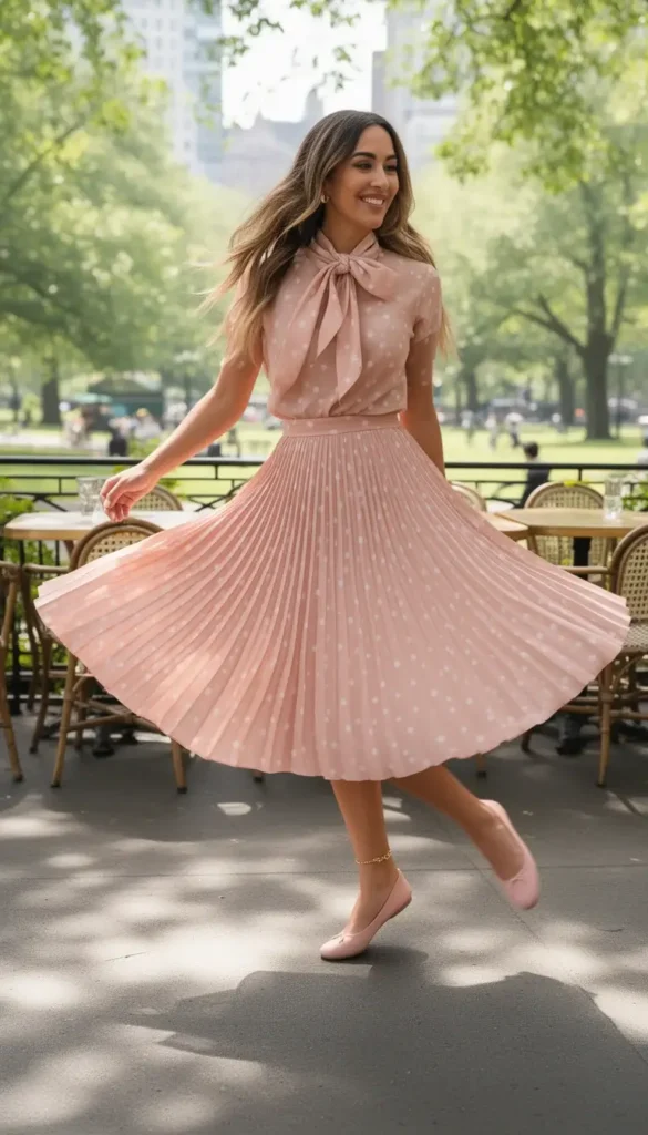 Woman twirling in a blush pink polka-dot pleated skirt with matching ballet flats at an outdoor cafe