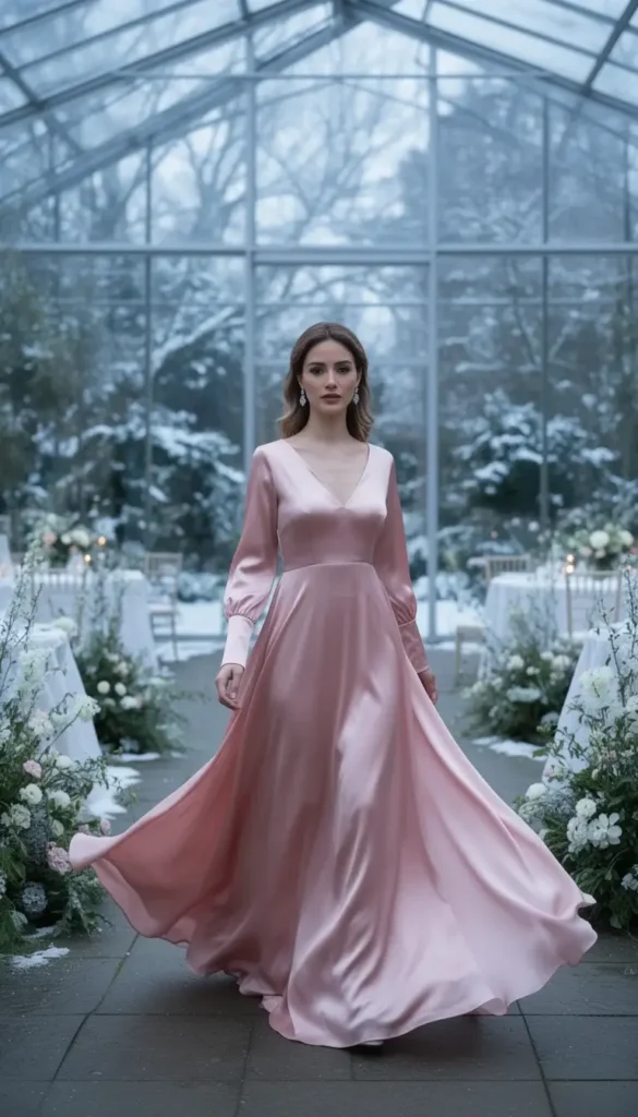 Blush satin gown with long sleeves photographed at a winter garden wedding.