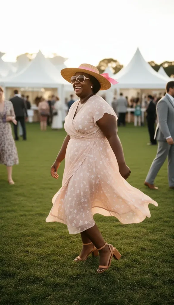 Full-figure woman in a blush floral wrap dress laughing on a Derby lawn wearing a floppy straw hat