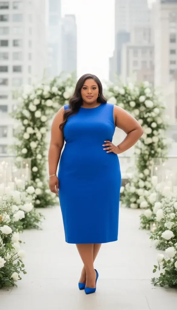 Curvy woman wearing a bold color dress at a city wedding