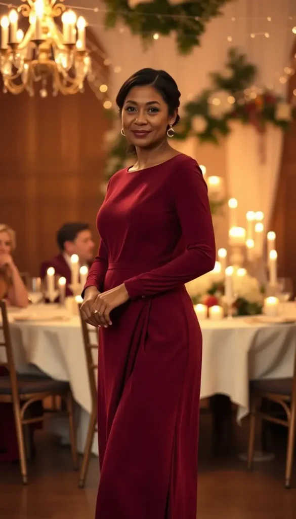 Burgundy draped midi dress worn to a winter cocktail wedding