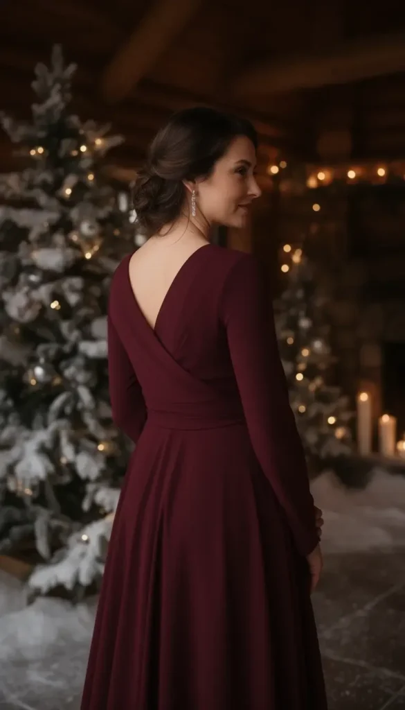 Burgundy wrap dress in crepe styled for a winter lodge wedding.