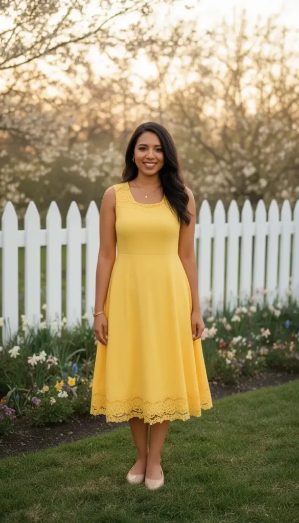 Woman in a butter yellow fit-and-flare midi dress with lace trim standing in a spring garden with a white picket fence