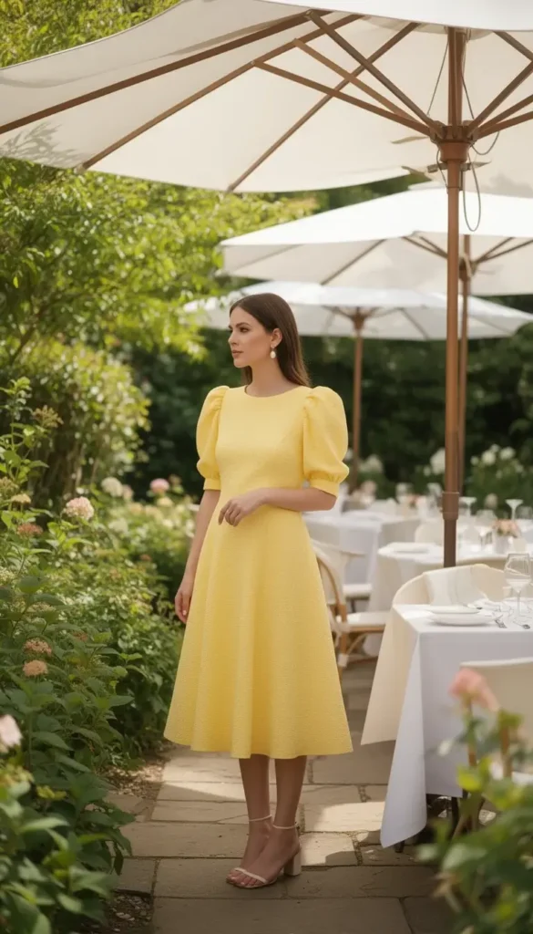Petite woman in butter yellow fit-and-flare midi dress with puff sleeves in a sunlit restaurant garden