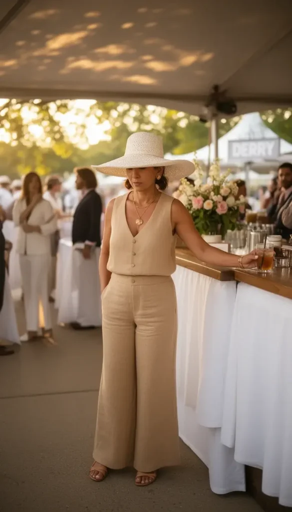 Woman in a camel linen matching set and wide-brim ivory hat at a Kentucky Derby outdoor bar