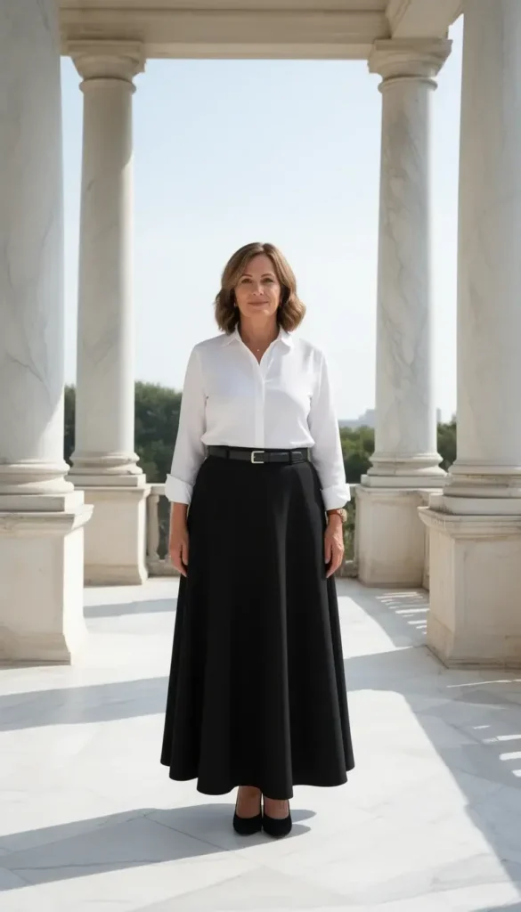 Woman in white blouse and full skirt on terrace