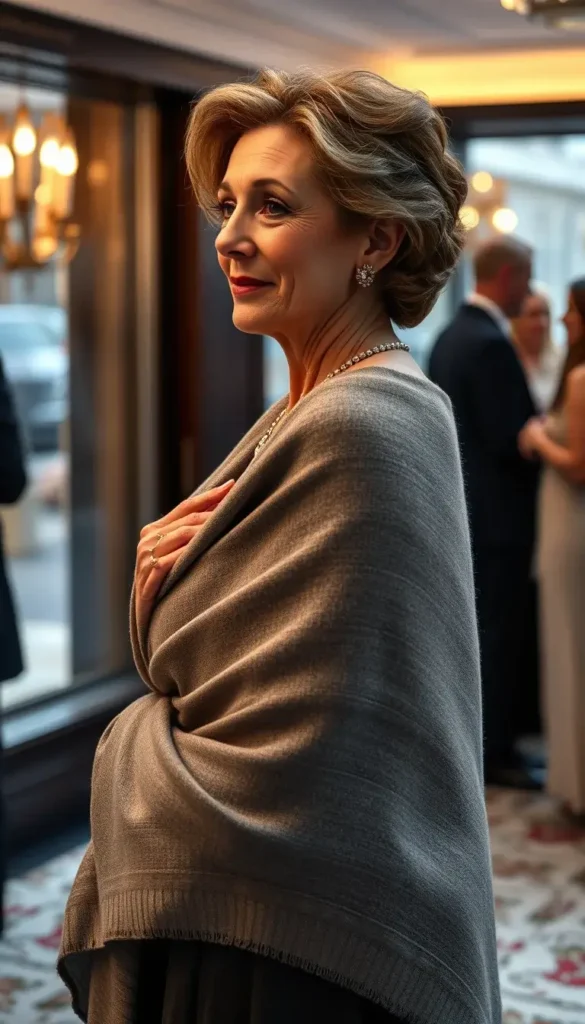 Grey cashmere wrap draped over a winter outfit