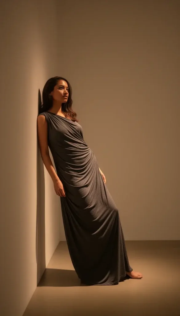 Charcoal draped jersey dress styled for winter evening lighting