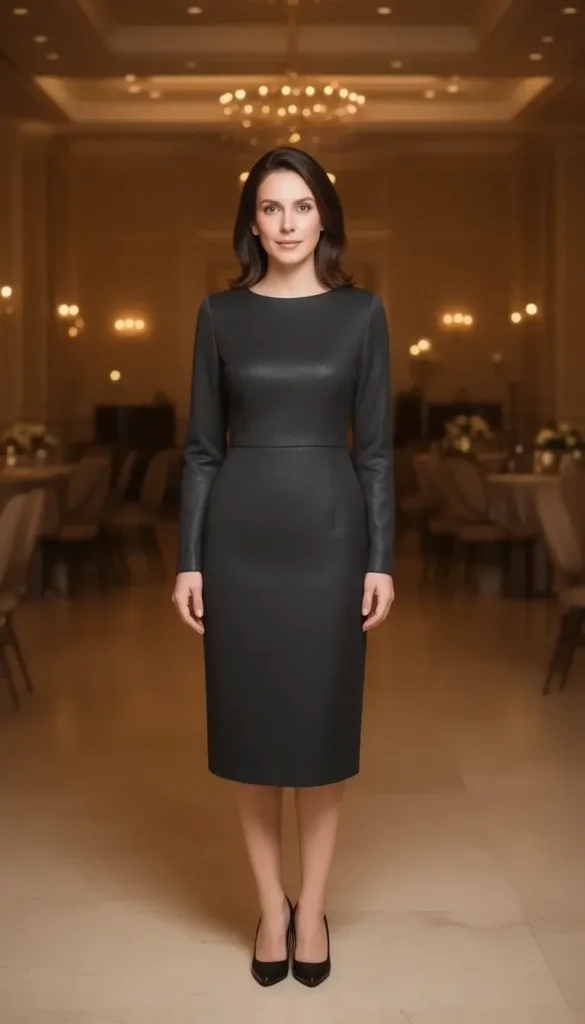 Tailored charcoal midi dress with subtle sheen in winter lighting