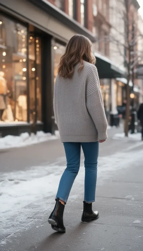 Black leather Chelsea boots styled with jeans for a winter date