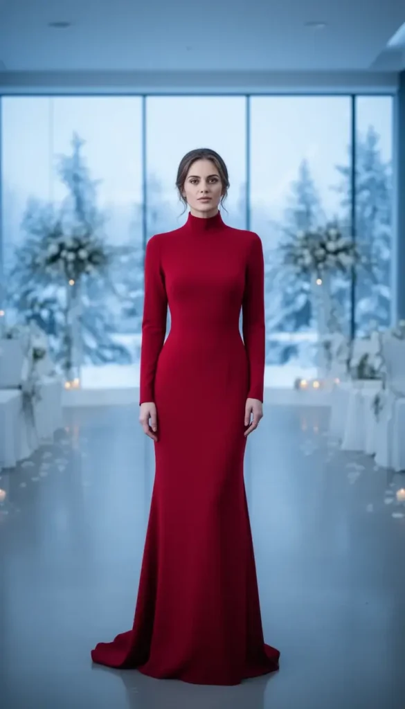Cherry red high neck gown styled for a modern winter wedding.