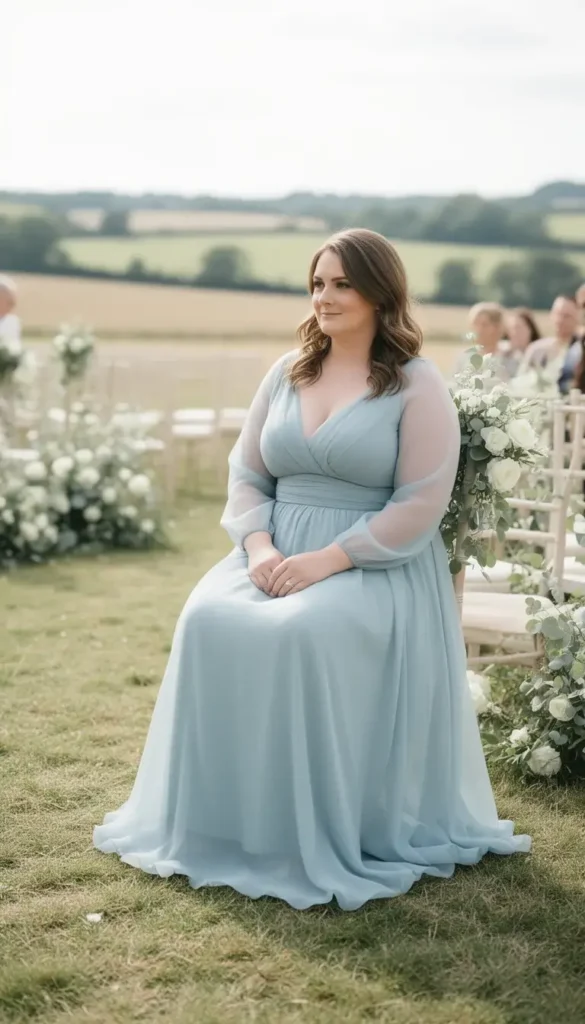 Curvy woman wearing a chiffon dress at an outdoor wedding