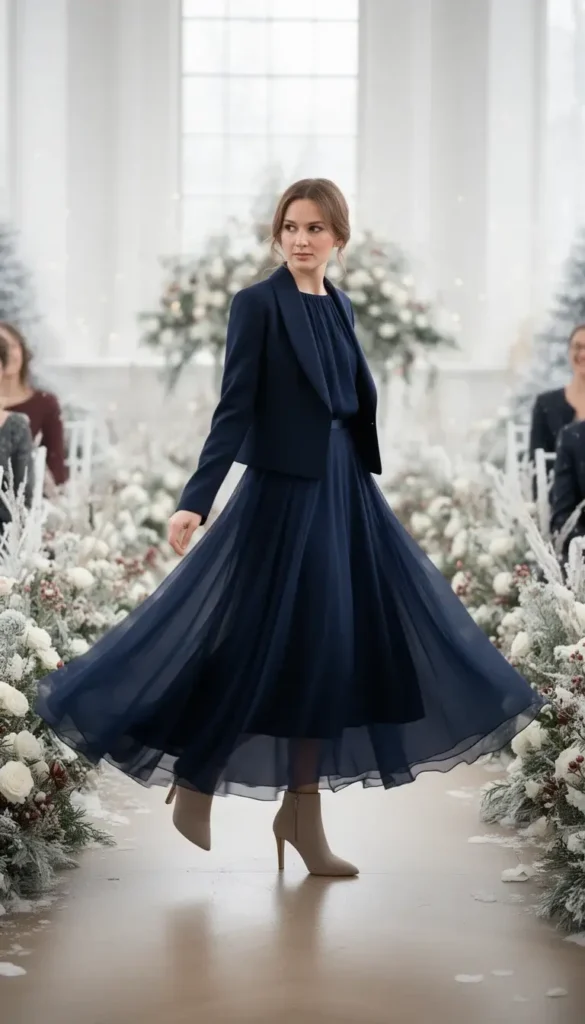 Winter wedding guest outfit with a long sleeve chiffon midi dress and layered jacket