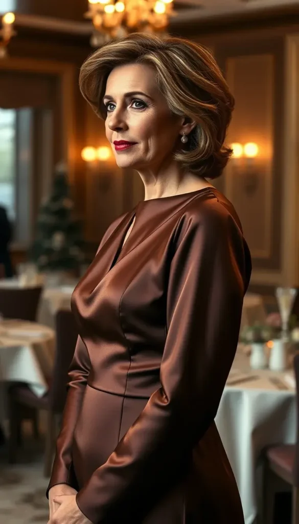 Chocolate brown satin dress styled for a winter cocktail wedding