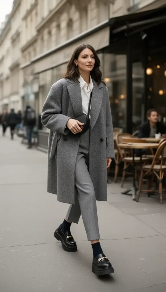 Chunky black loafers styled with cropped trousers for a winter date