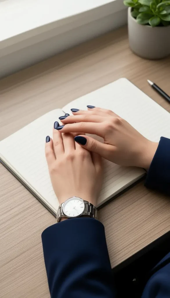 Classic navy nail color styled with a tailored winter blazer