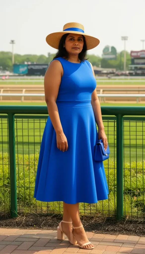 South Asian woman in a cobalt blue matching skirt set and straw hat at the Kentucky Derby paddock