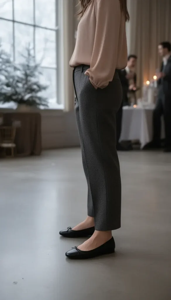 Leather ballet flats with structure styled for an indoor winter event.