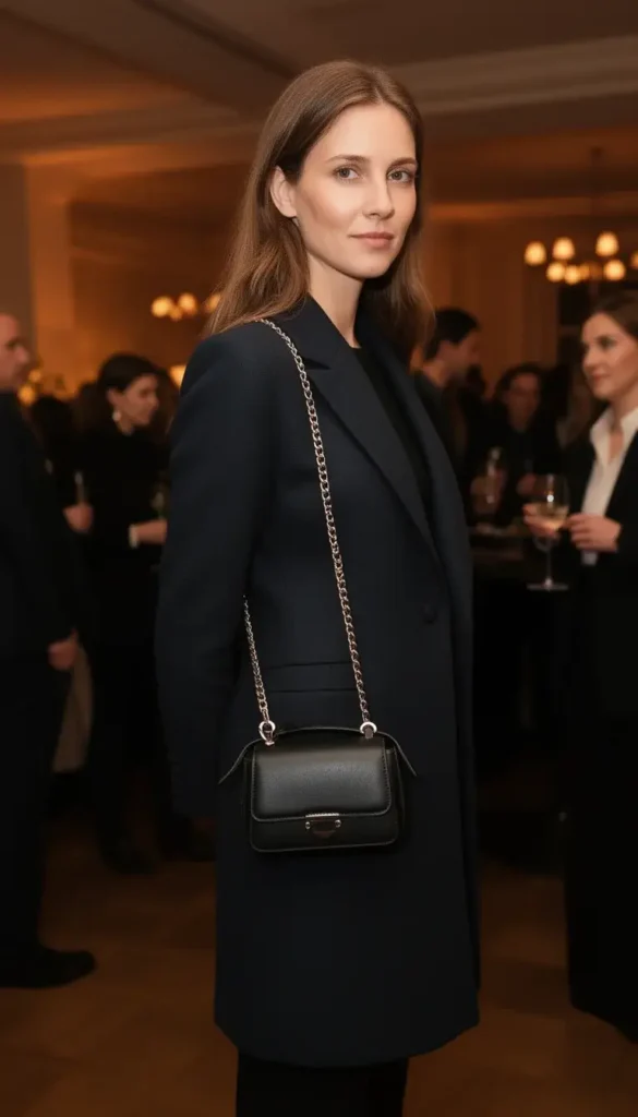 Small chain strap shoulder bag worn with a winter coat at an evening event