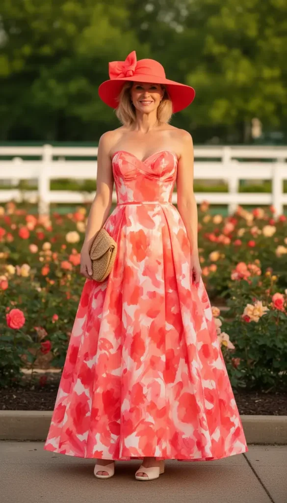 Tall woman in a coral floral maxi dress and wide-brim coral hat standing near Derby rose gardens