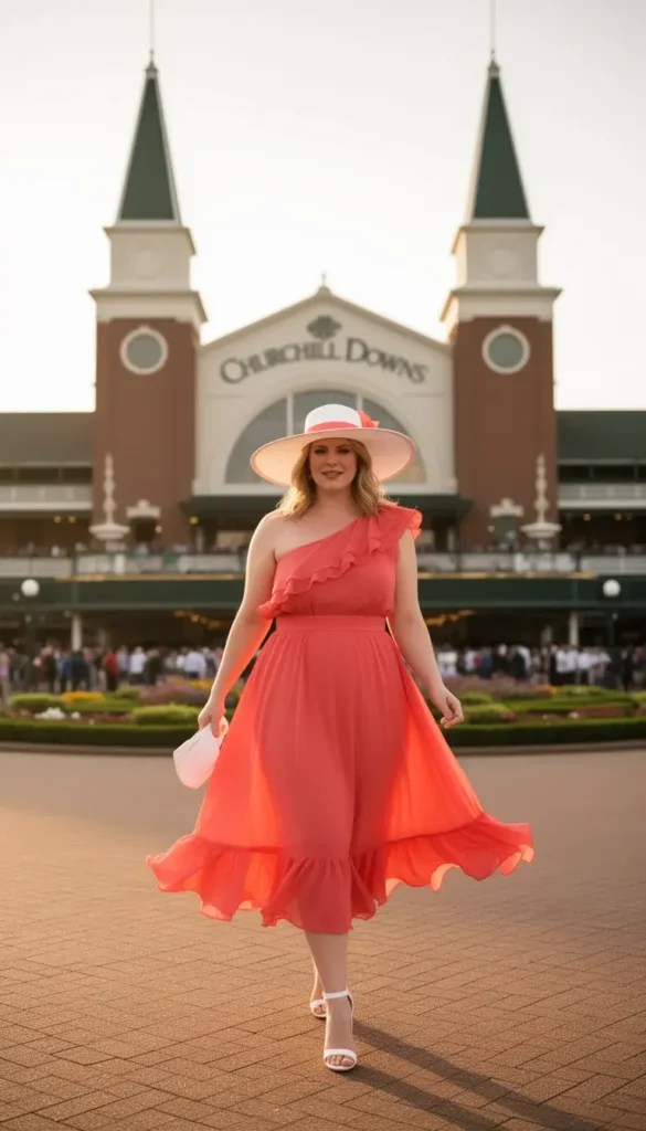 Woman in a coral chiffon ruffle midi dress standing in front of Churchill Downs twin spires