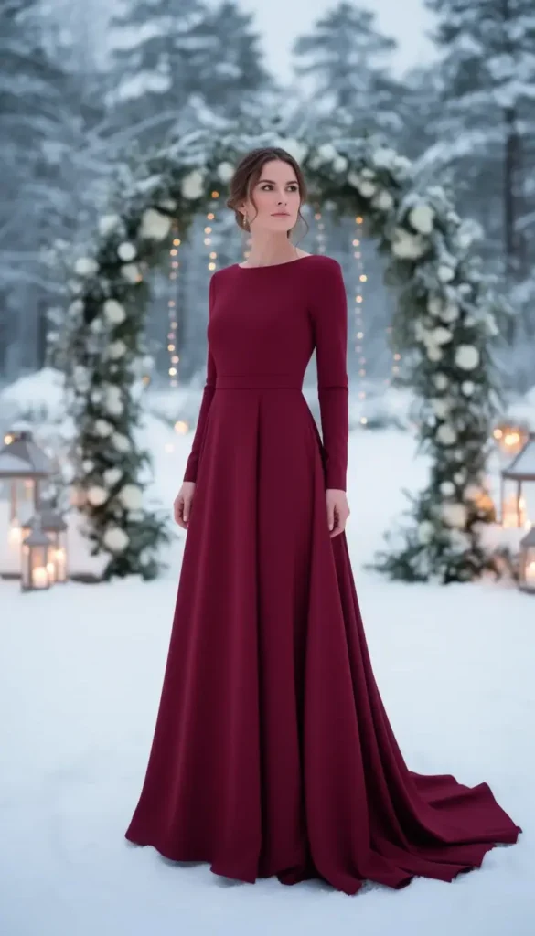 Cranberry red long sleeve gown worn at a winter wedding.