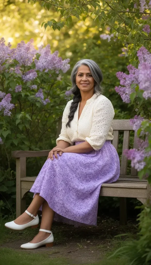 Woman in a cream eyelet blouse tucked into a lavender floral midi skirt sitting on a garden bench surrounded by lilac bushes