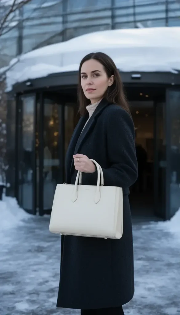 Cream top handle bag styled with a dark winter coat at a formal event