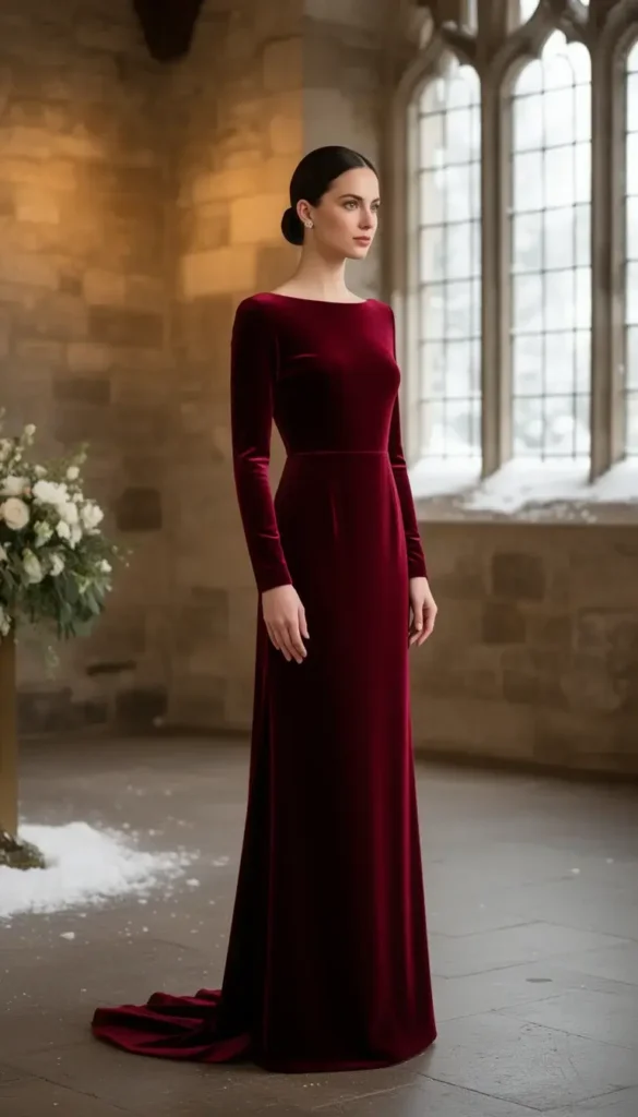 Crimson velvet column dress styled for a winter wedding in an elegant indoor venue.