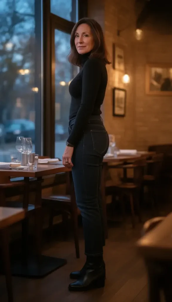 Dark denim styled with a fitted turtleneck for a winter date night