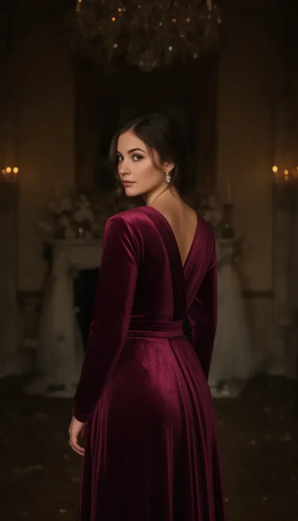 Dark rose velvet wrap gown styled for a historic winter wedding.