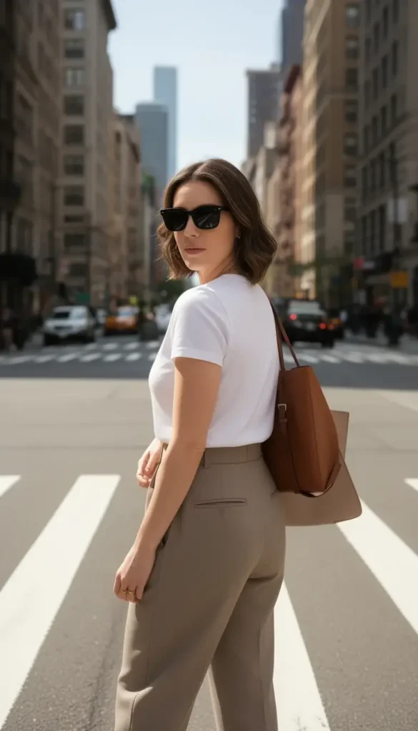 Woman wearing dark sunglasses while walking in the city