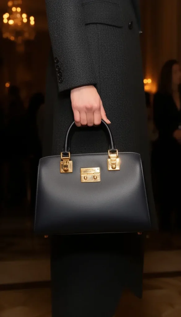 Dark leather top handle bag with gold hardware at a winter formal event